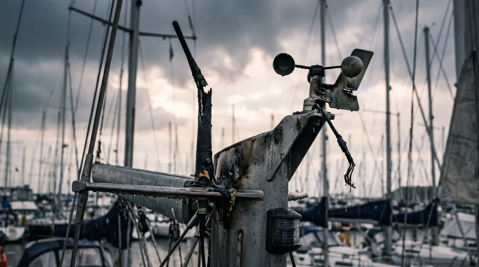 Masttopp einer Segelyacht im Hafen nach einem Gewitter: eine gespaltene, geschwärzte Funkantenne, verrußtes Aluminium, ein Windmesser und ein verbranntes Kabelende, dahinter Masten und abziehende dunkle Wolken