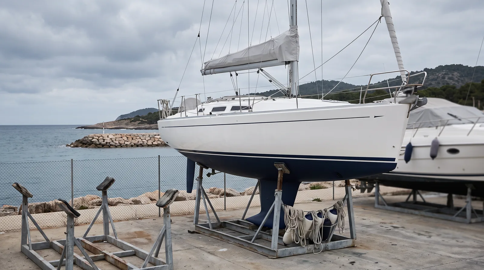 Gepflegte weiße Segelyacht mit dunkelblauem Unterwasserschiff auf einem Stahlbock in einem eingezäunten Winterlager am Mittelmeer, Baum unter grauer Persenning, Fender und Leinen am Bock; dahinter Maschendrahtzaun, Mole, graues Meer und Kiefernhügel, rechts ein abgedecktes Motorboot