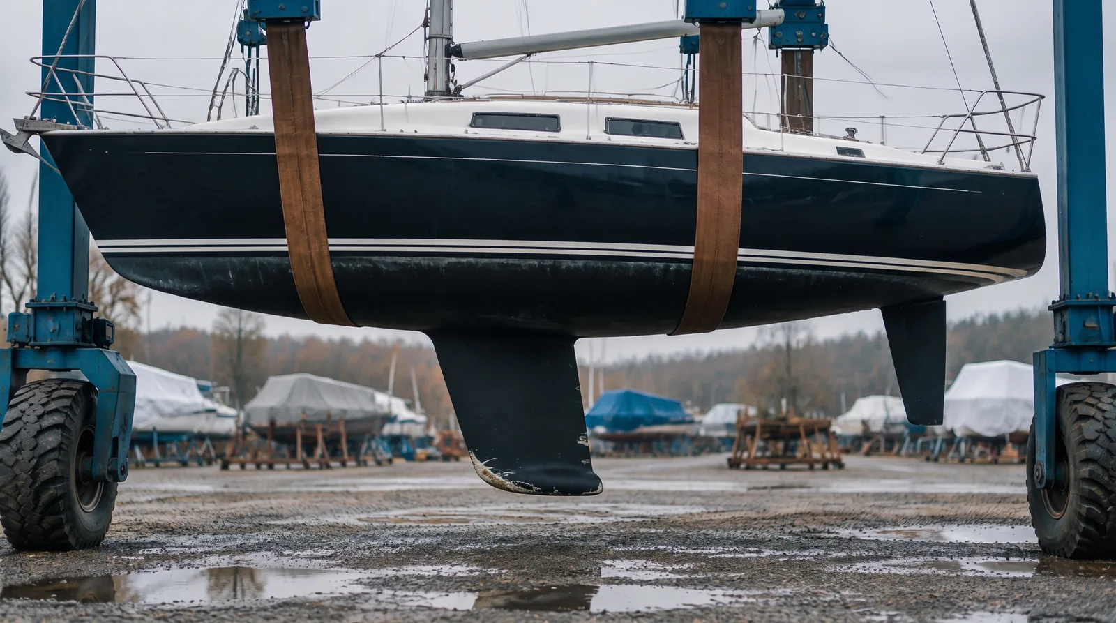 Eine Segelyacht hängt in den Gurten eines Bootskrans, unten am Kiel eine frische helle Schramme