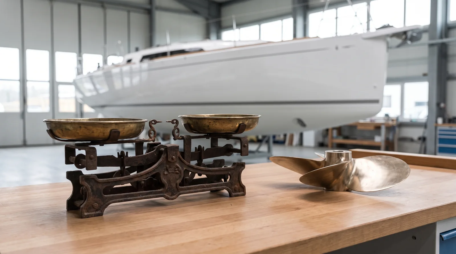 Eine alte Balkenwaage mit zwei leeren Schalen auf einer Werkstattbank neben einem Propeller, dahinter eine weiße Segelyacht in der Werfthalle