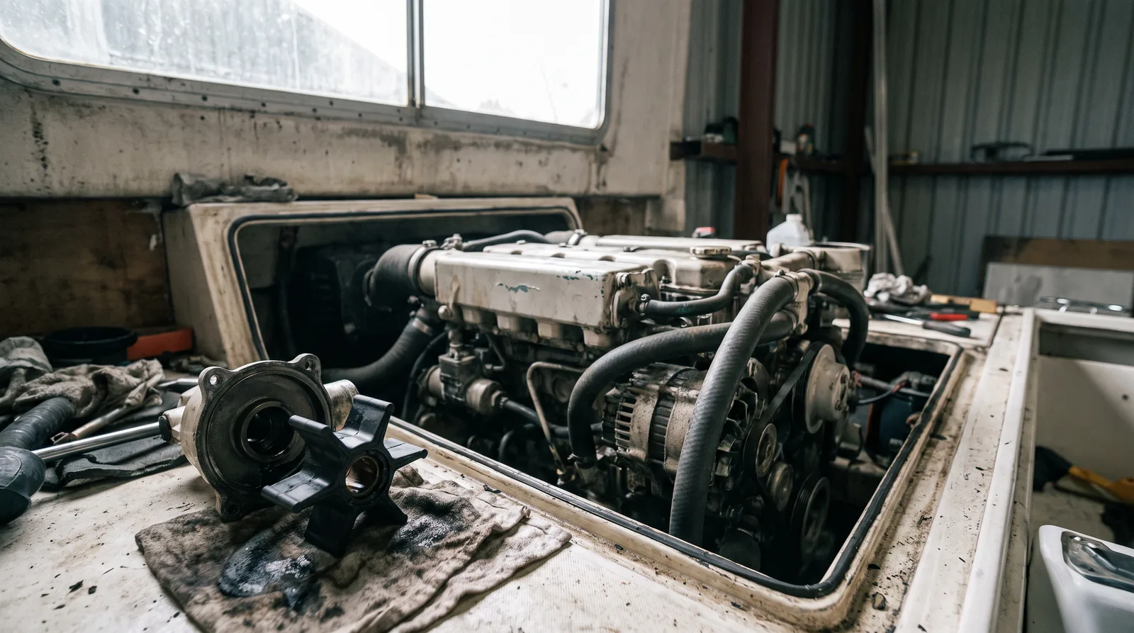 Ein geöffneter Motorraum mit Dieselmotor und Kühlwasserschläuchen, davor ein ausgebauter Impeller auf einem öligen Lappen, im gedämpften Licht einer Werfthalle