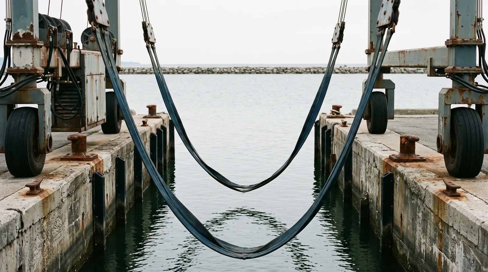 Der schmale Kranausschnitt einer Marina bei bedecktem Tageslicht, die breiten dunkelblauen Hebegurte eines Travellifts hängen leer und durchhängend bis auf die ruhige graugrüne Wasserfläche zwischen zwei Betonkaimauern mit schwarzen Fenderleisten und rostigen Pollern, dahinter offenes Hafenwasser und eine niedrige Steinmole