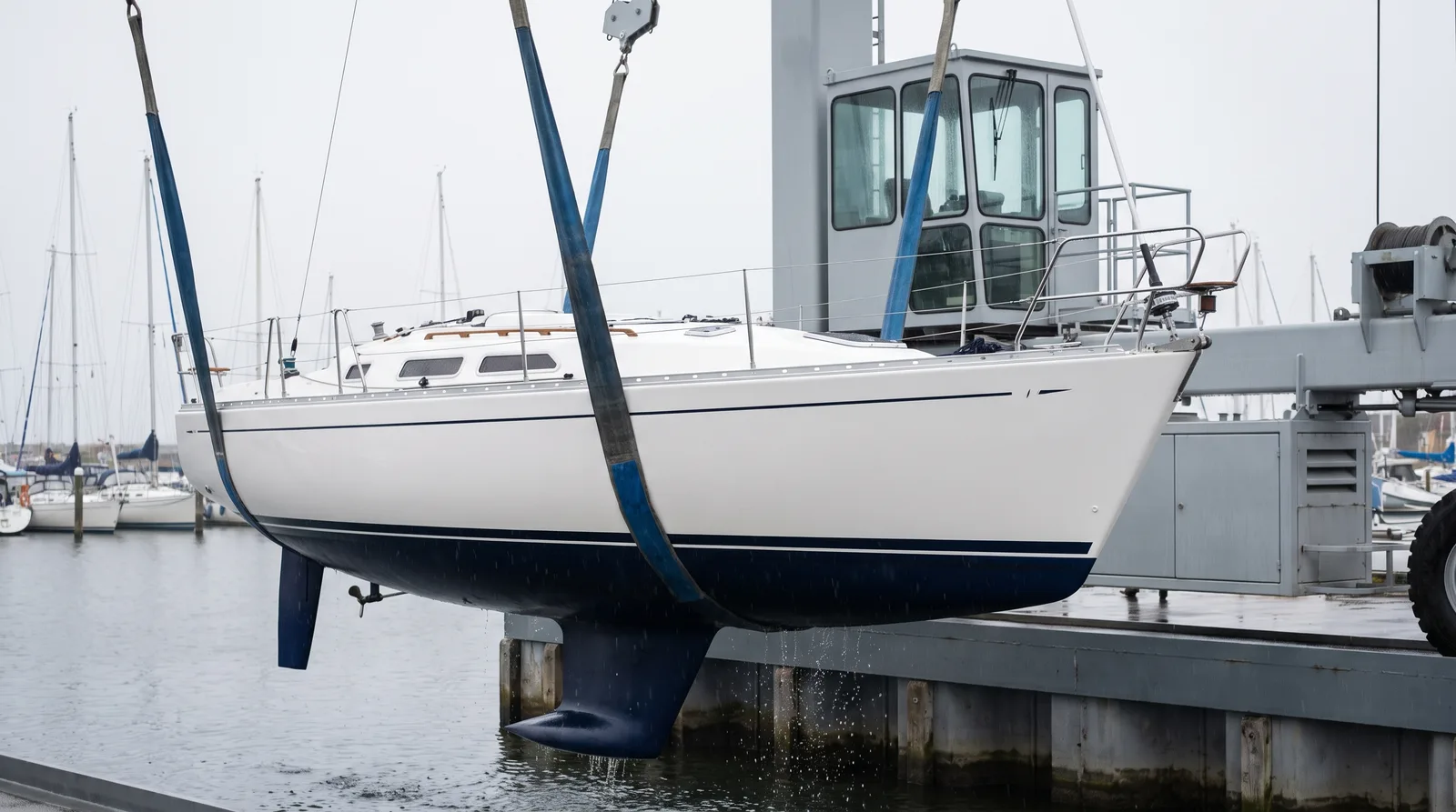 Eine weiße Segelyacht hängt in zwei blauen Hebegurten am Haken eines Bootskrans über dem grauen Wasser eines Yachthafens, im Hintergrund Masten und die leere Krankabine im Nieselregen