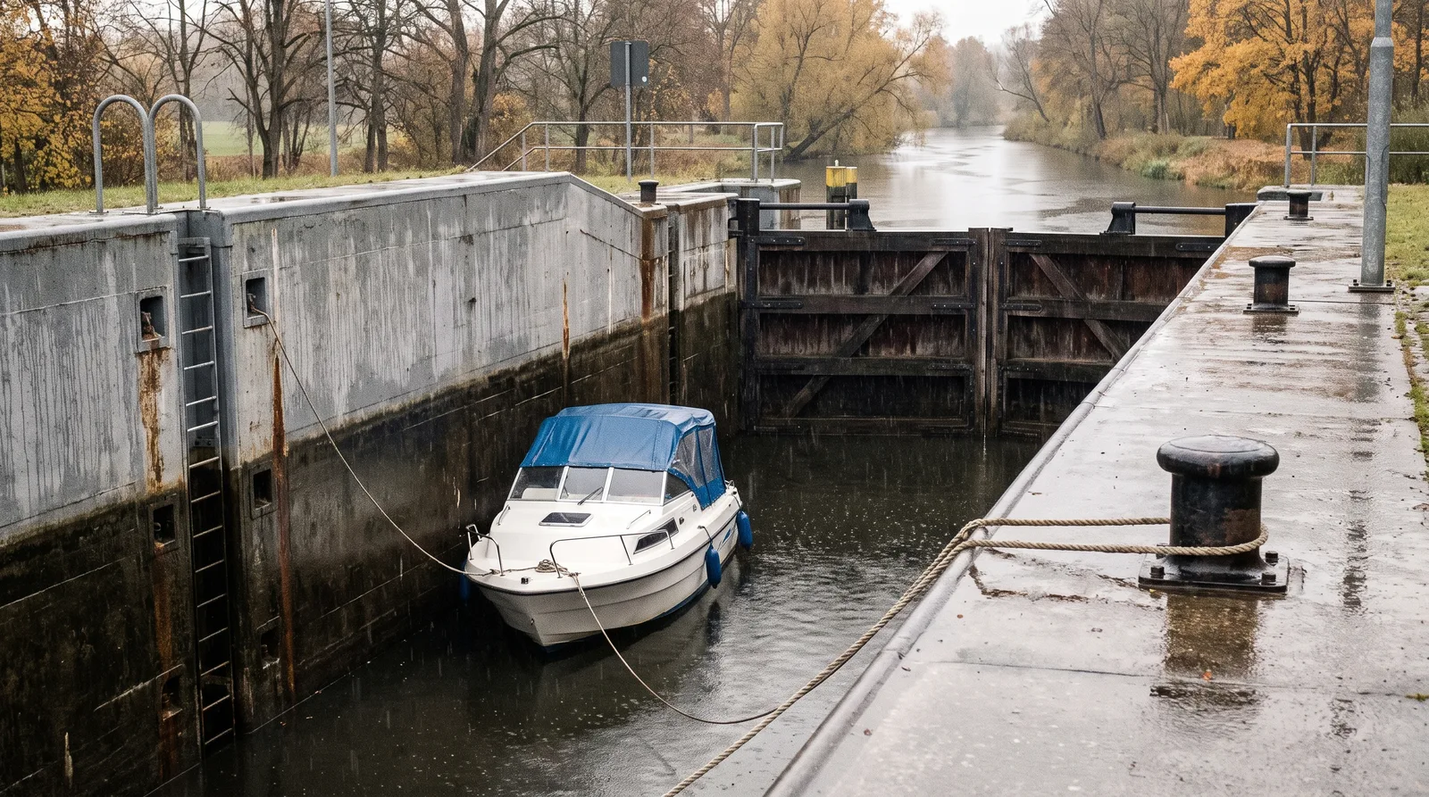 A mooring line in a lock chamber led round a floating bollard and back on board