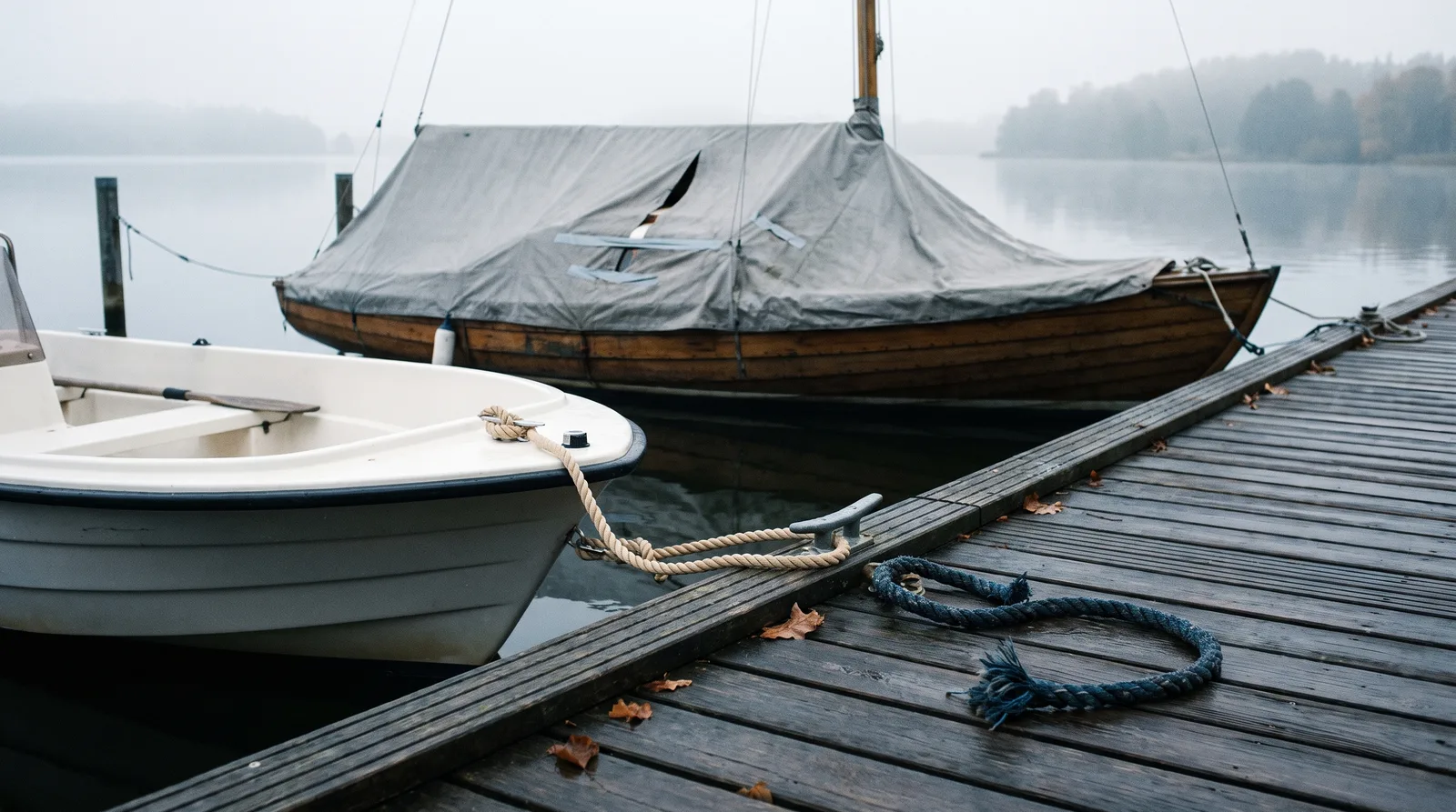 Ein Holzsteg an einem See im Morgennebel, ein gepflegtes weißes Motorboot an einer neuen Festmacherleine an der Klampe, daneben auf den Planken ein abgeschnittenes blaues Tauende, dahinter ein Holzsegelboot mit grauer, längs aufgeschlitzter Persenning