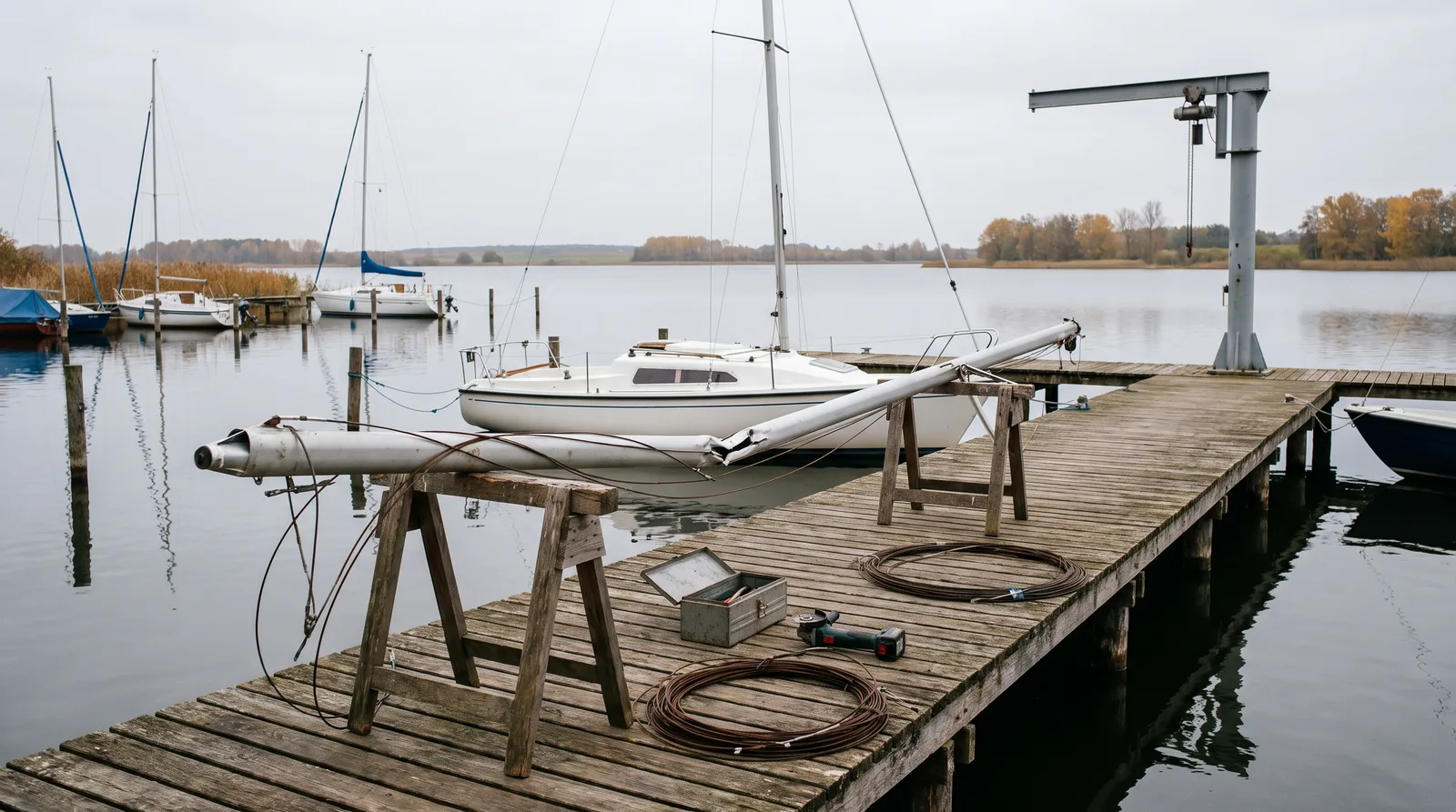 Ein verwitterter Holzsteg an einem See im Herbst, darauf ein geknickter Aluminiummast auf zwei Holzböcken, aufgerollte Drahtwanten, ein Werkzeugkasten und ein Winkelschleifer, dahinter ein weißes Segelboot und ein Mastenkran