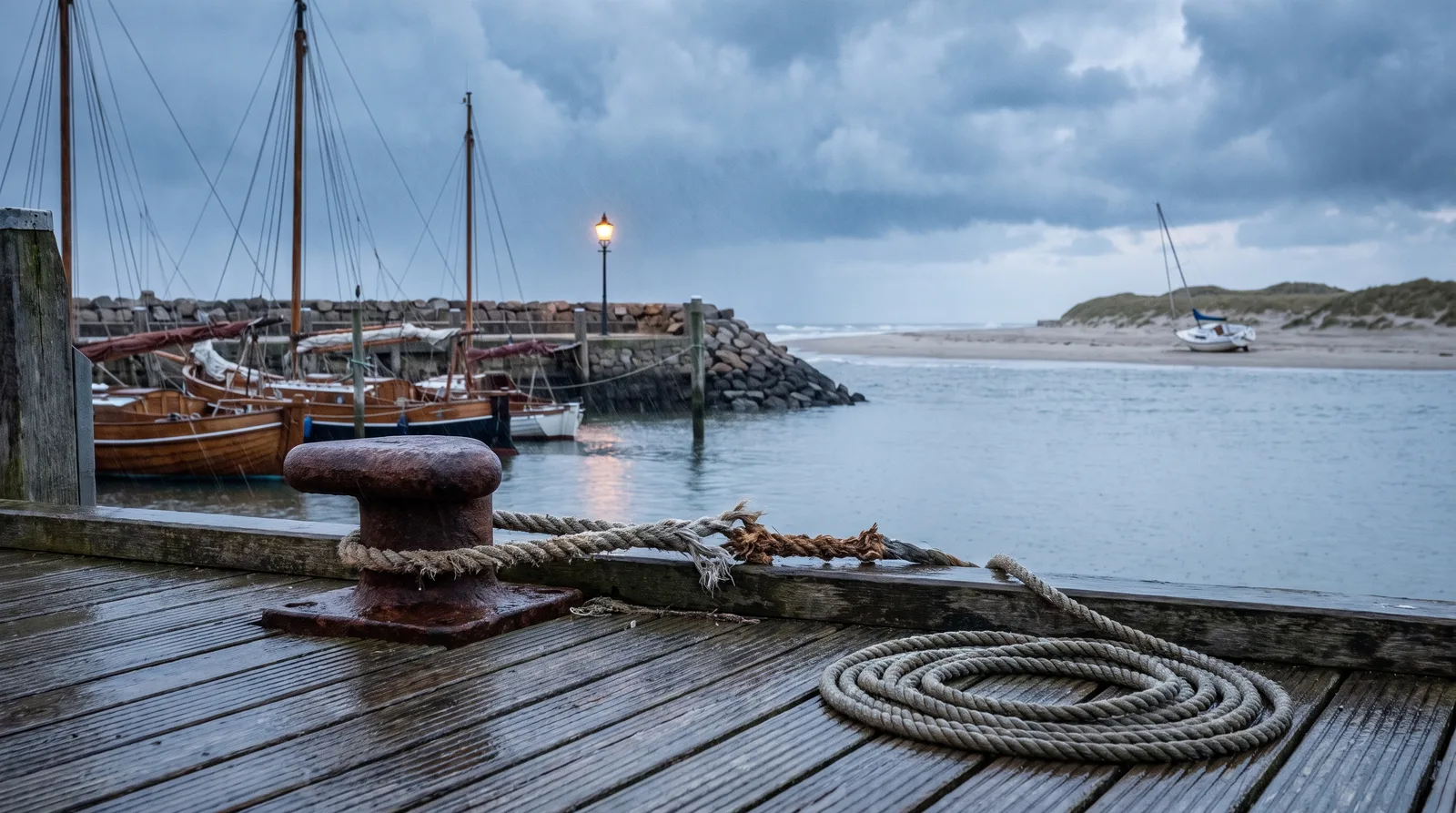 Nasser Holzsteg an einem kleinen Nordseehafen nach einem Sturm: ein rostiger Poller mit einer durchgescheuerten Festmacherleine, eine aufgeschossene Leine, dahinter hölzerne Segelboote an der Steinmole mit einer Laterne und in der Ferne eine weiße Segelyacht, die am Strand vor den Dünen liegt