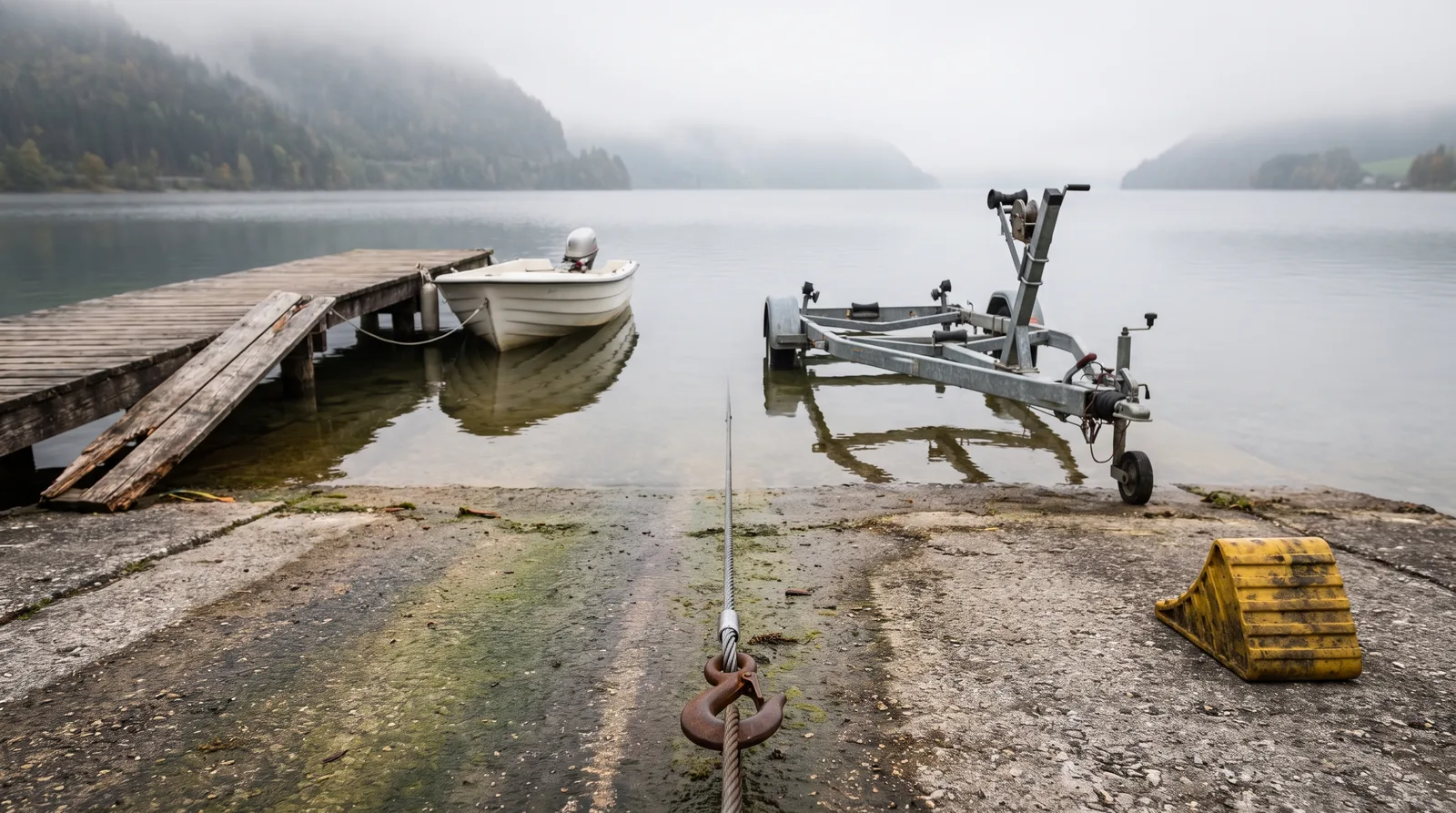 Nebliger Herbstmorgen an einer Slipanlage aus Beton an einem Alpensee: ein gespanntes Stahlseil mit Haken führt die bemooste Rampe hinunter ins Wasser, daneben ein gelber Unterlegkeil, ein leerer verzinkter Bootsanhänger steht im flachen Wasser, links ein Holzsteg mit herausgebrochenem Brett und ein kleines weißes Boot mit Außenborder