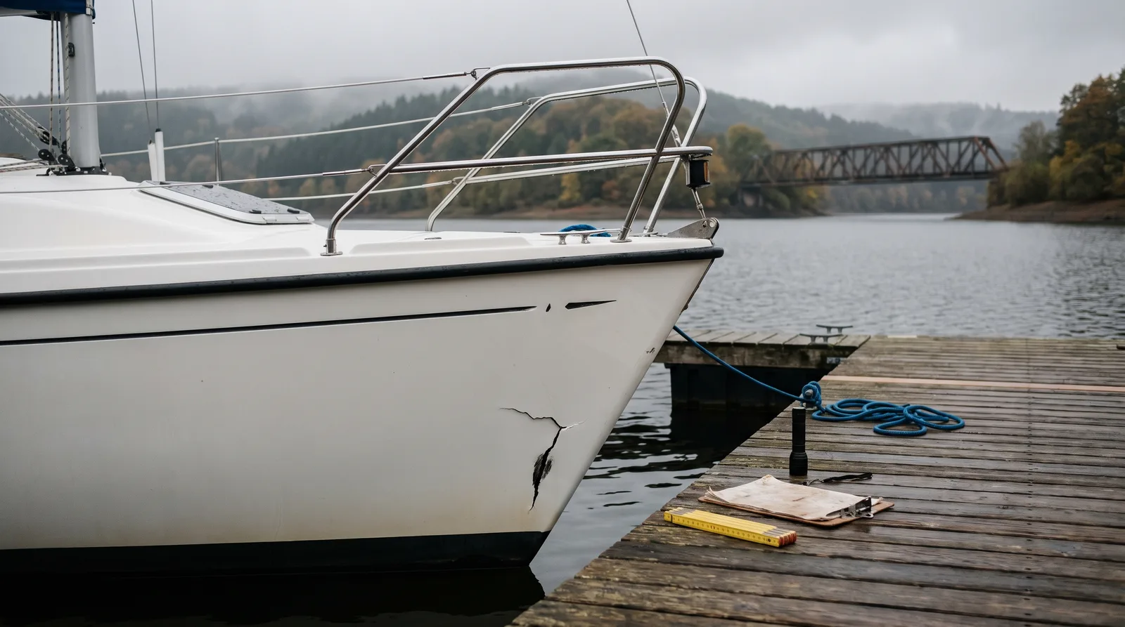 Bug eines weißen Segelboots an einem Holzsteg an einem Stausee an einem grauen Herbstmorgen, mit einem frischen Riss im Gelcoat über der Wasserlinie, auf den Stegplanken ein gelber Zollstock, ein Klemmbrett und eine Taschenlampe, dahinter bewaldete Hügel und eine Stahlbrücke