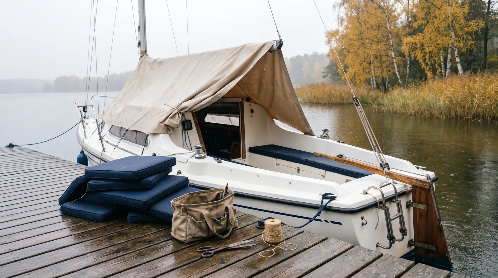 Weißes Segelboot an einem Holzsteg an einem See im Herbstnieselregen, die beige Persenning halb zurückgeschlagen, auf den nassen Stegplanken ein Stapel dunkelblauer Sitzpolster, eine Segeltuchtasche, eine Schere und eine Rolle Garn, am Ufer Schilf und Birken mit gelbem Laub
