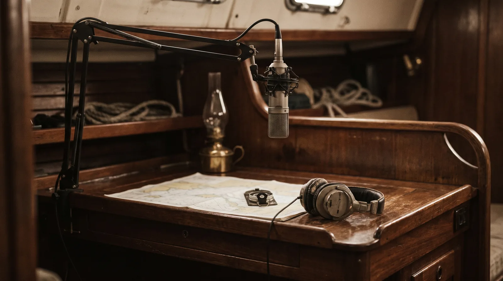 A microphone on a boom arm beside a boat’s chart table, headphones next to it