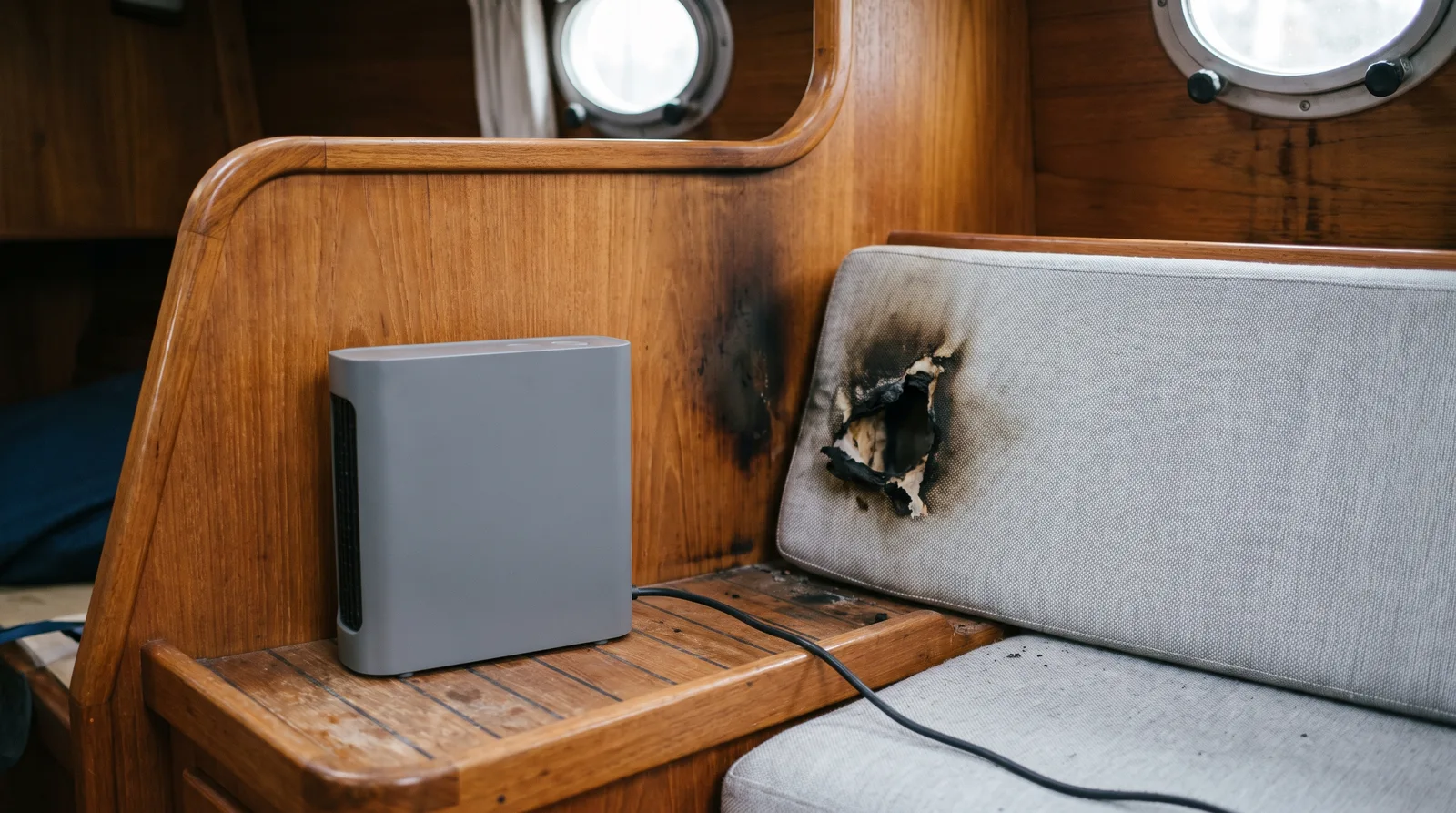 Saloon of a sailing yacht in autumn: a grey heater on the teak shelf, beside it a seat cushion with a charred hole and soot marks on the timber, light coming in through two portholes
