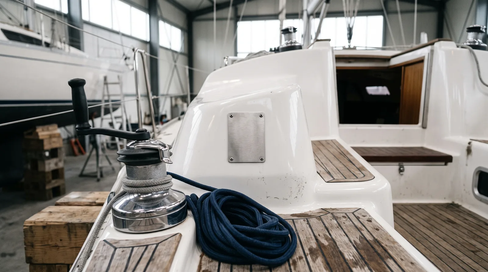 Cockpit of a well kept sailing yacht in a bright boatyard shed: a winch with a coiled blue line in front, a plain stainless plate beside the companionway behind it