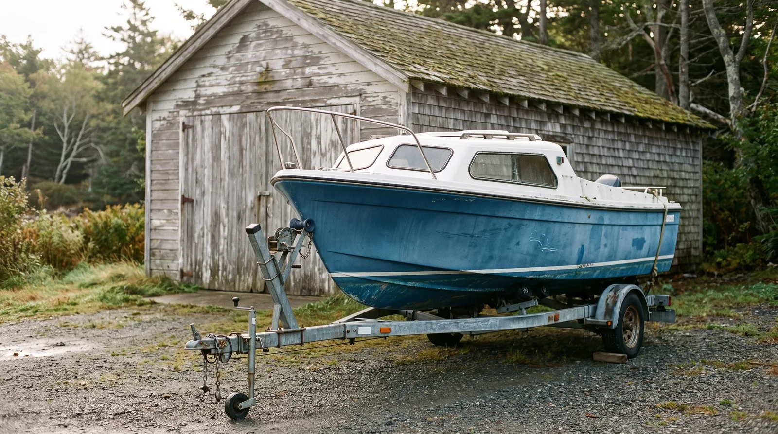 Ein kleines Motorboot mit Kajüte steht auf einem Trailer vor einem hölzernen Bootshaus, weiches Morgenlicht.