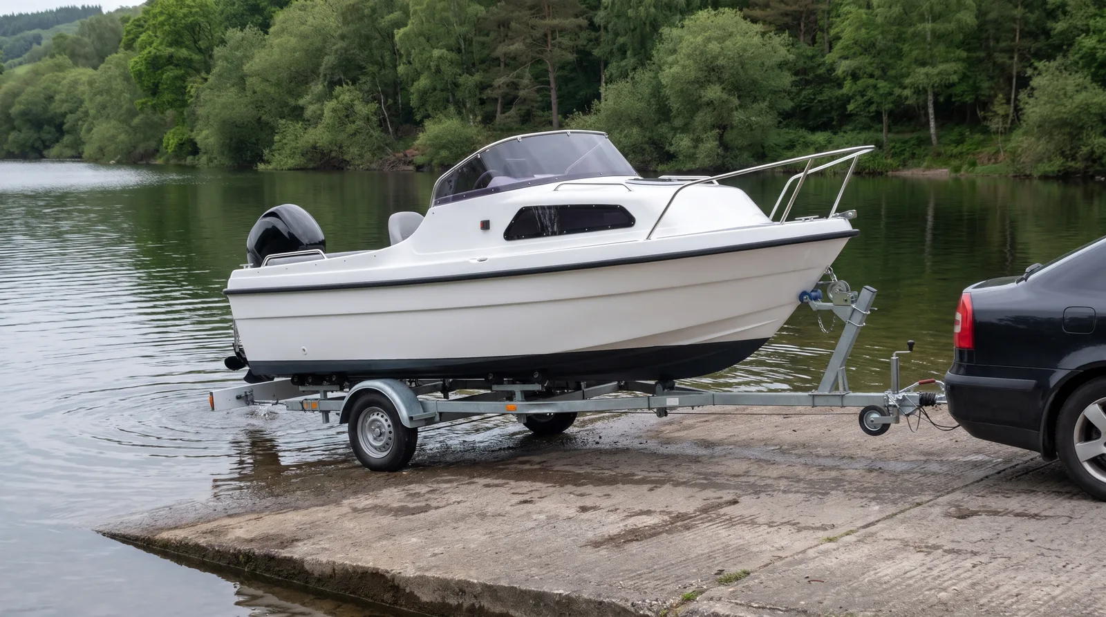 Ein kleines weißes Kajütboot auf dem Trailer wird an einer betonierten Slipanlage rückwärts in einen See gelassen.