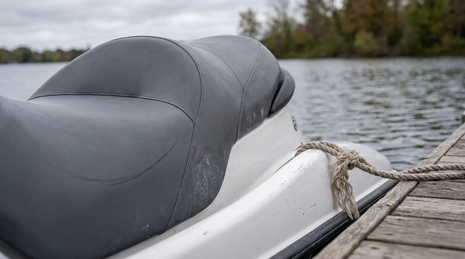Close-up of the seat and hull of a modern jet ski at a wooden jetty, calm water in the background.
