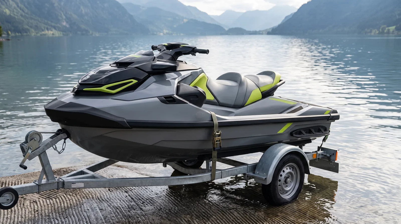 Ein grau-schwarzer Jetski mit Spanngurt auf einem Trailer an einer Slipanlage an einem Bergsee.