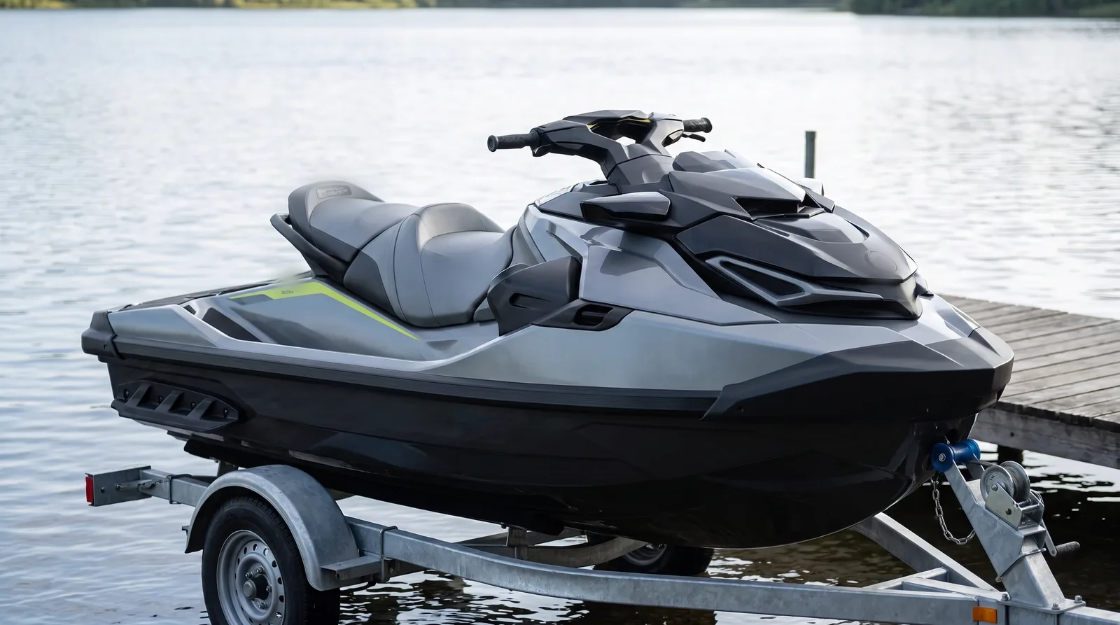 Ein moderner grau-schwarzer Jetski mit grünen Akzenten auf einem verzinkten Trailer am Holzsteg eines Sees.