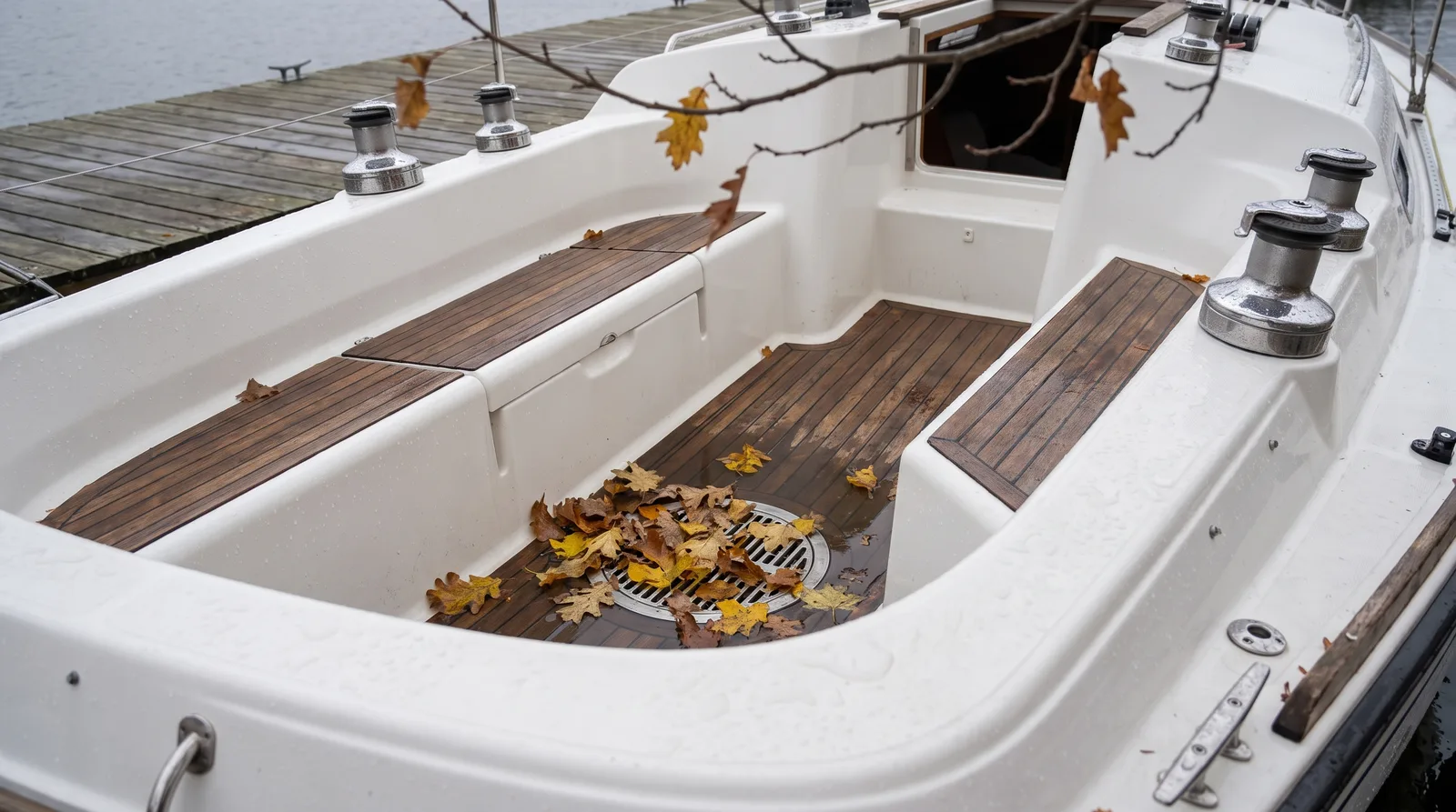 Open cockpit of a white sailing yacht at a wooden jetty in autumn: the round floor drain is covered in wet yellow and brown leaves, the teak sole and winches glisten with rain, a nearly bare branch hangs above