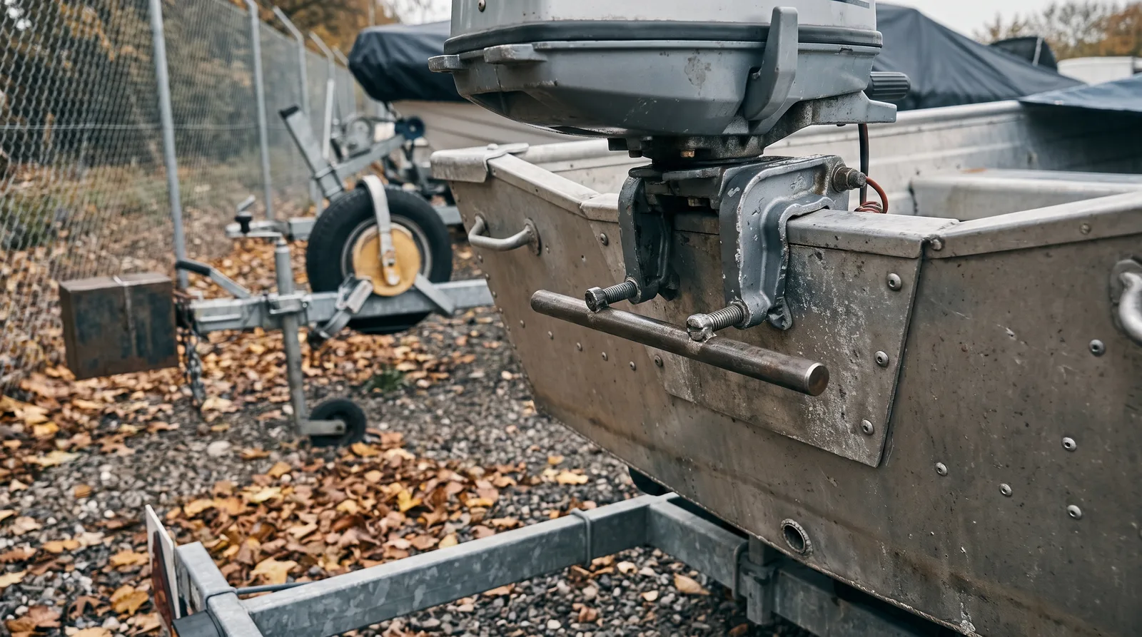 The clamp screws of a grey outboard motor on the transom of an aluminium boat with a steel bar locked through both handles, behind it on gravel with autumn leaves a trailer with a wheel clamp, a chain-link fence and covered boats
