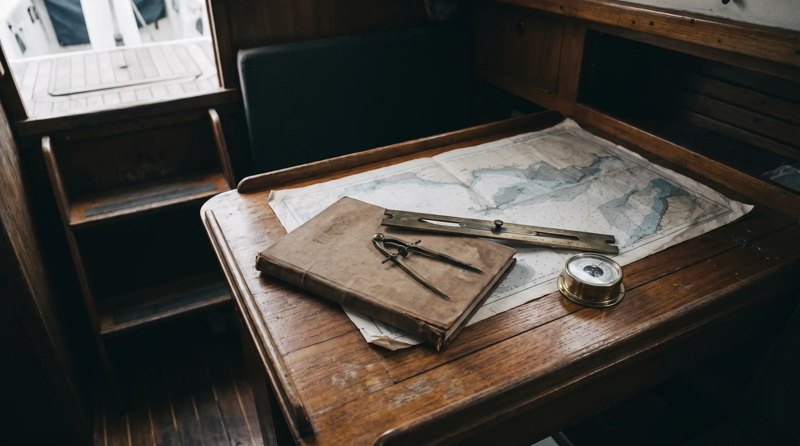 Chart table below deck on a cruising yacht: dividers, a parallel rule and a small barometer resting on an open paper chart, with a closed canvas logbook beside them.