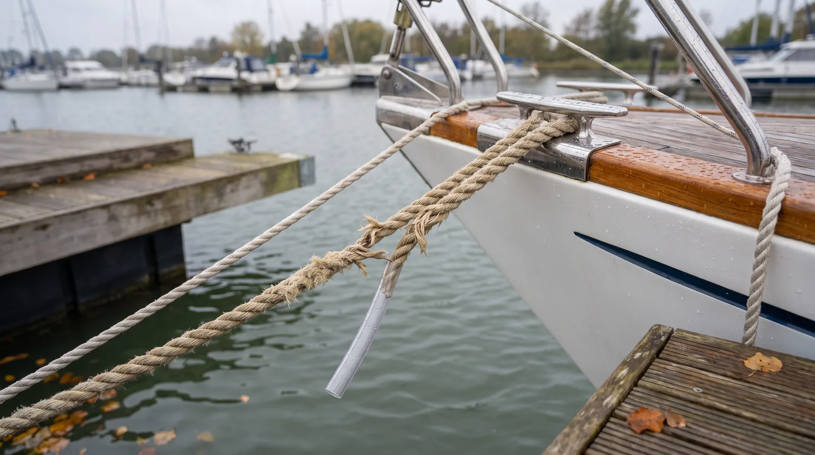 Bow of a white sailing yacht at a wooden jetty in autumn: a thick mooring line runs over a stainless steel cleat and is badly chafed in one spot, a clear chafe hose has slipped down and hangs loose, a second intact line runs alongside, a blurred marina with boats in the background