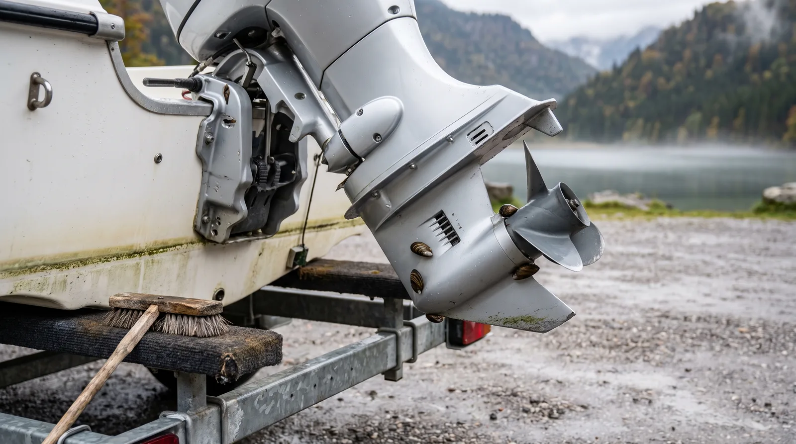 Unterwasserteil eines Außenborders an einem weißen Trailerboot auf einem verzinkten Straßentrailer, am Getriebegehäuse und an der Finne sitzen einzelne kleine Süßwassermuscheln, auf der Auflage liegt eine Wurzelbürste, dahinter unscharf ein Bergsee im Herbst