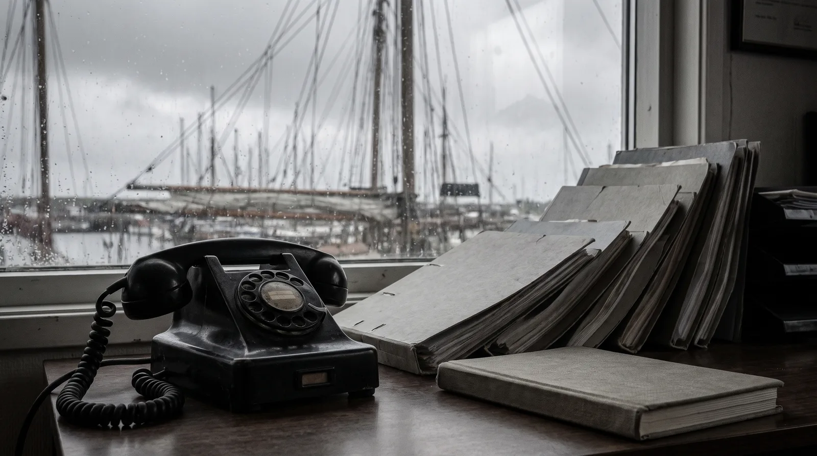 An old desk telephone with a coiled cord and a stack of grey files in a harbour office, yacht masts blurred in the window behind