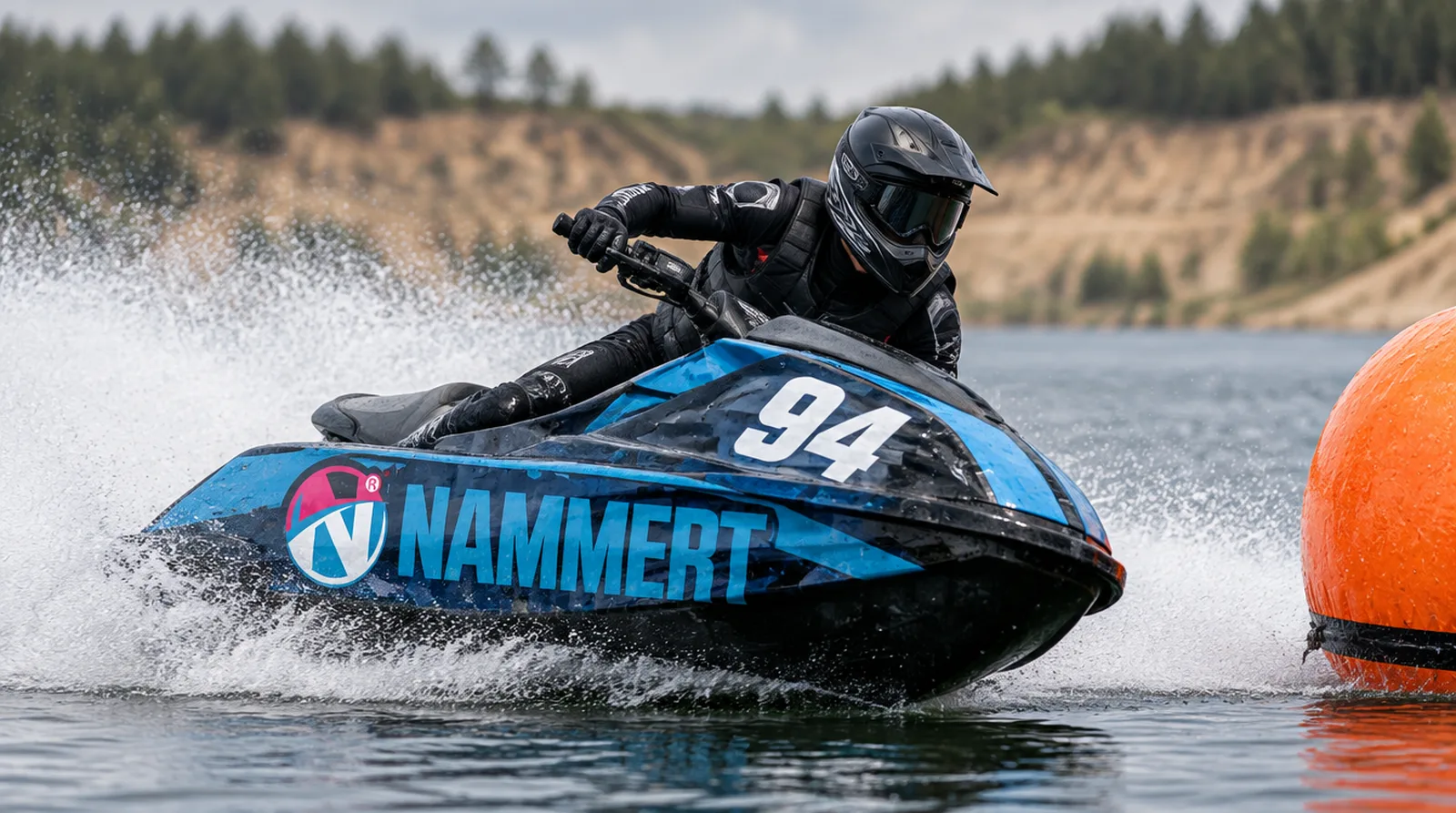Jetski-Rennfahrer mit Helm und dunklem Visier in der Kurve an einer orangen Wendetonne auf einem Baggersee, Startnummer 94 und NAMMERT Folierung am Rumpf