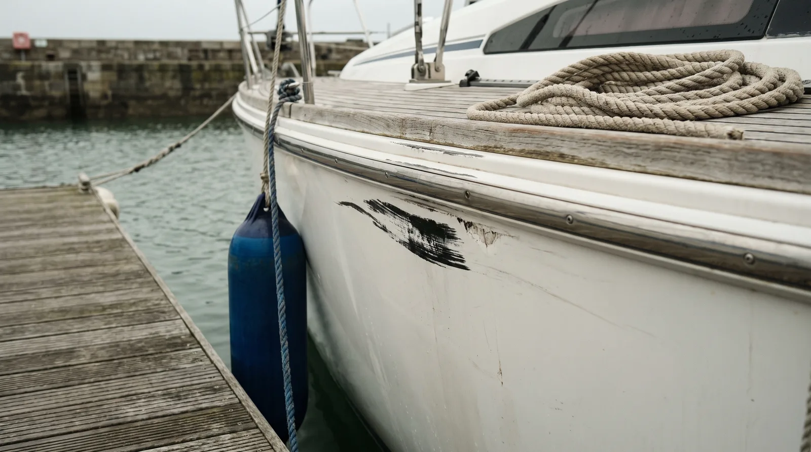 White topsides of a well kept sailing yacht alongside a wooden pontoon, fresh black rubber marks and a shallow scrape below the rubbing strake, a blue fender and a coiled mooring line beside it