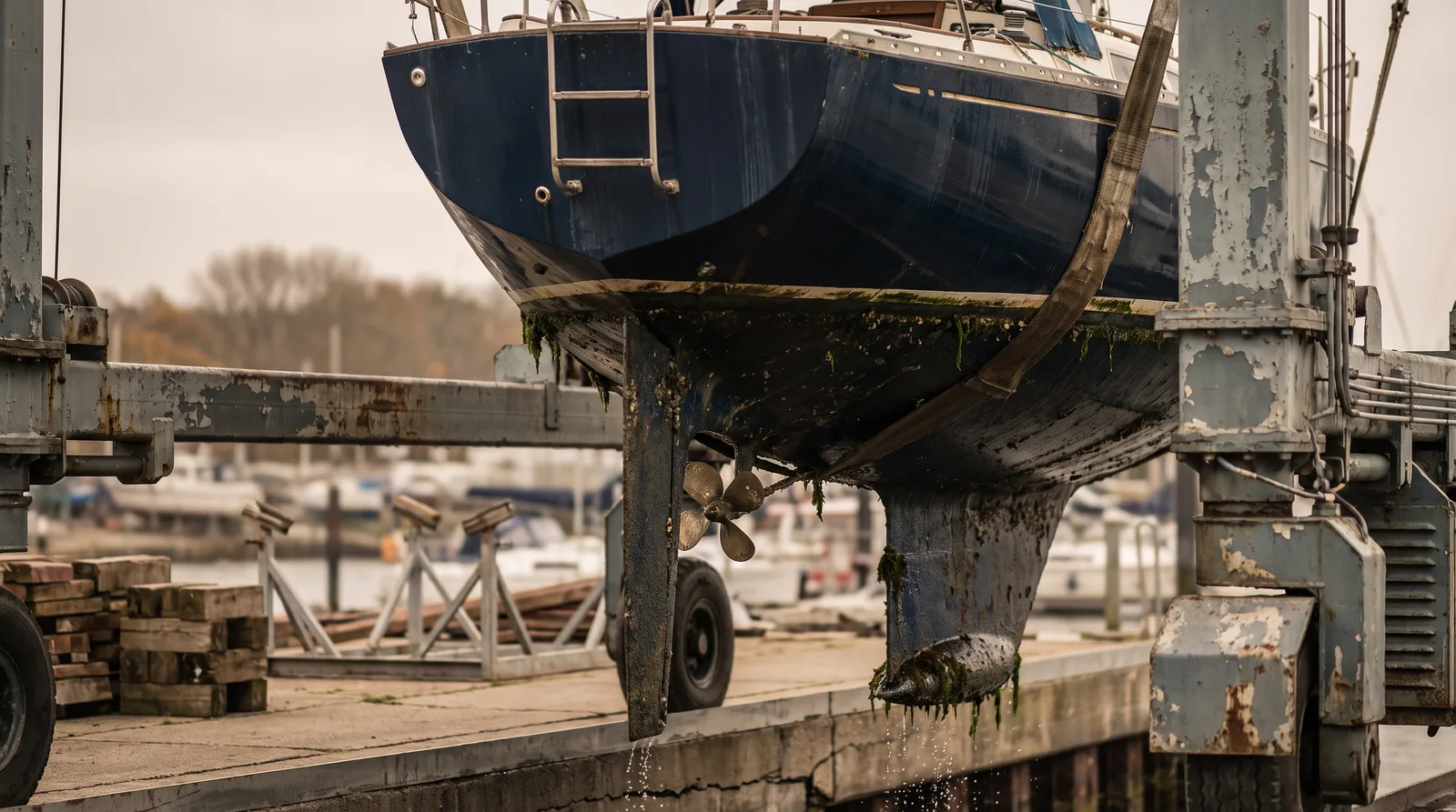 Segelyacht in den Gurten eines Bootskrans über dem Hafengelände, Wasser tropft vom bewachsenen Unterwasserschiff, Kiel, Ruder und Propeller liegen frei.