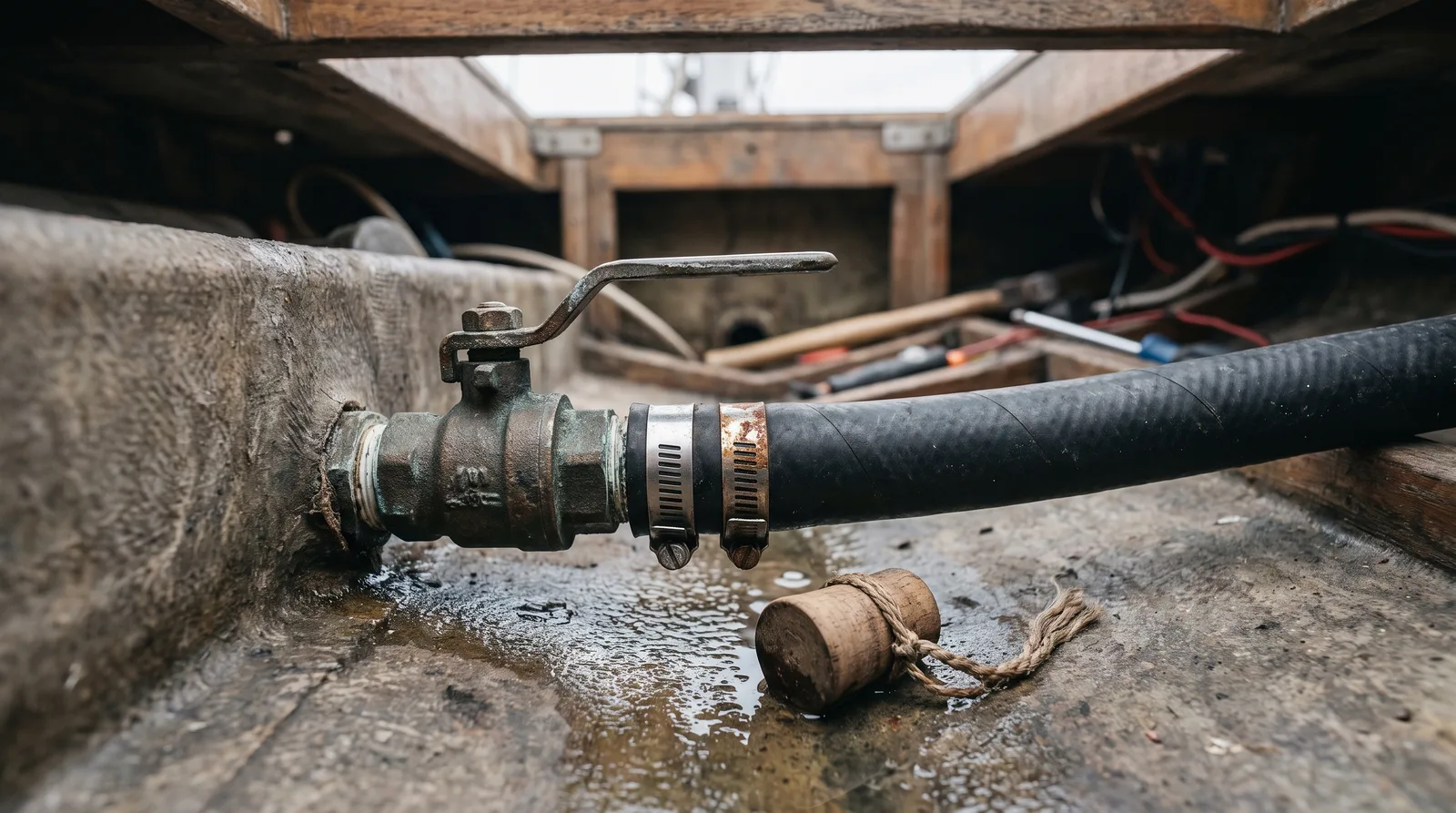 A bronze seacock with a lever handle in a boat's bilge, a black hose held by two clips, one of them rusty, a puddle of water below and a wooden bung on a length of cord
