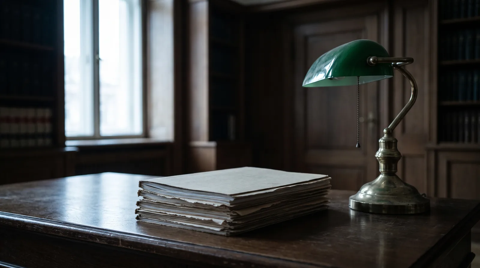 A stack of unlabelled files on a dark desk beside a banker’s lamp