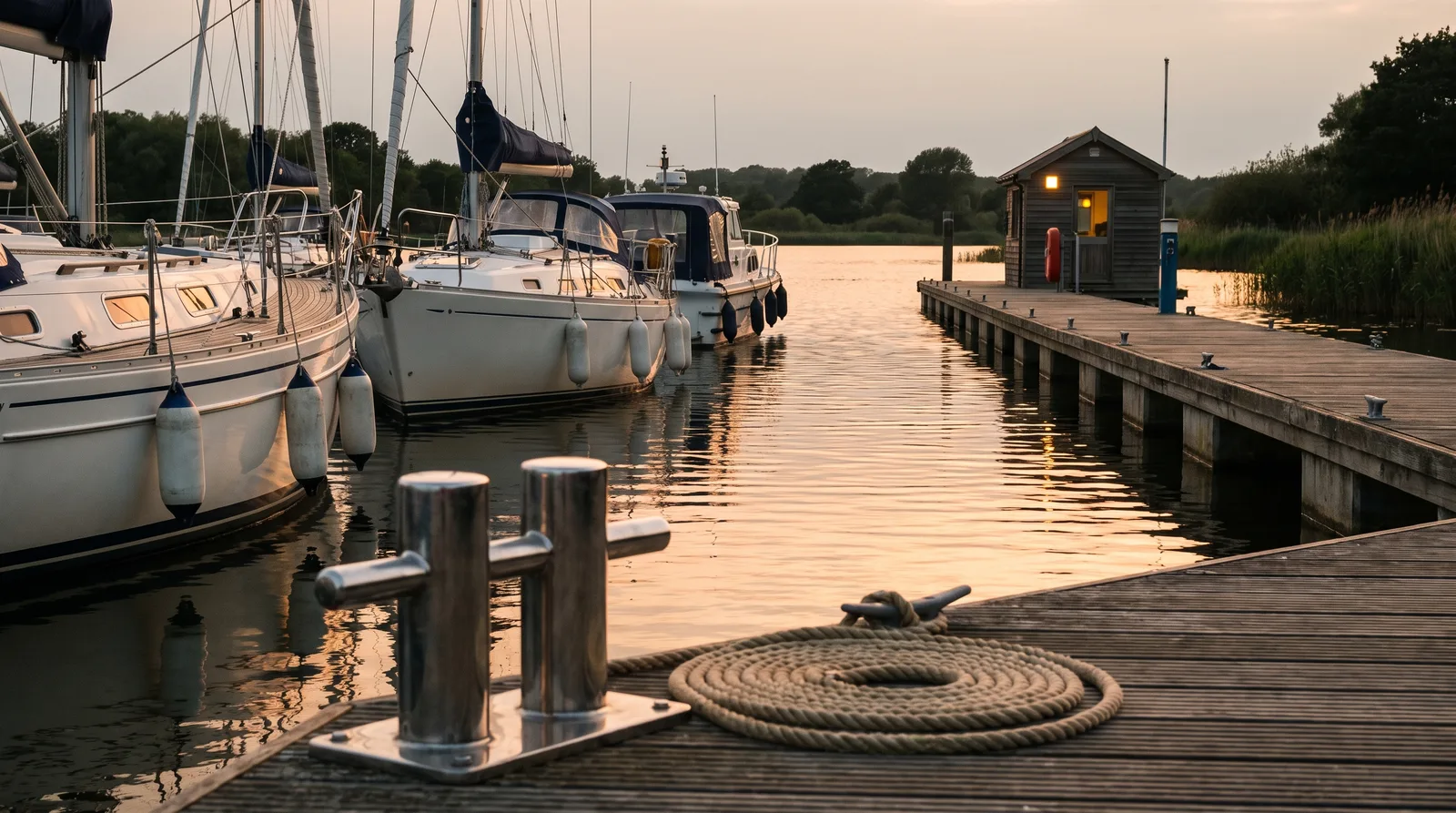 Kleiner Hafen am Abend in tiefer Sonne: gepflegte Segelyachten und ein Motorboot mit Fendern an Holzstegen, vorn eine Edelstahlklampe mit aufgeschossener Leine, am Ende des Stegs ein Holzhäuschen mit erleuchtetem Fenster, dahinter Schilf und Bäume