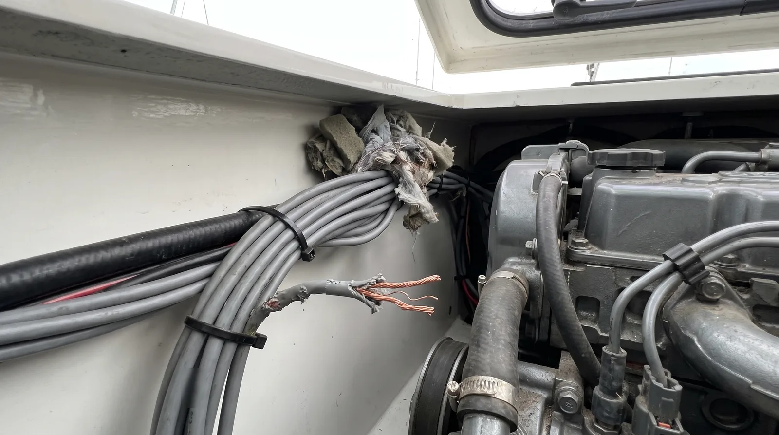 Engine compartment of a well kept sailing yacht laid up ashore: a grey wiring loom beside the diesel engine, one cable gnawed down to the copper strands, a nest of shredded foam and fibres tucked behind it, daylight falling through an open hatch.