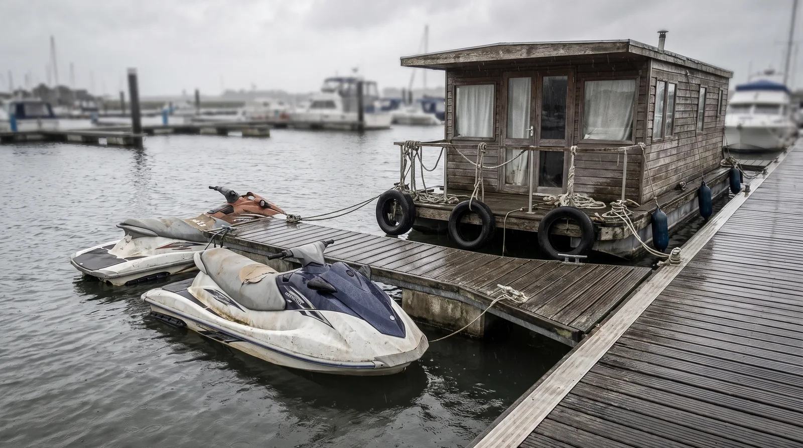 Two jet skis and a houseboat moored along the same wooden pontoon