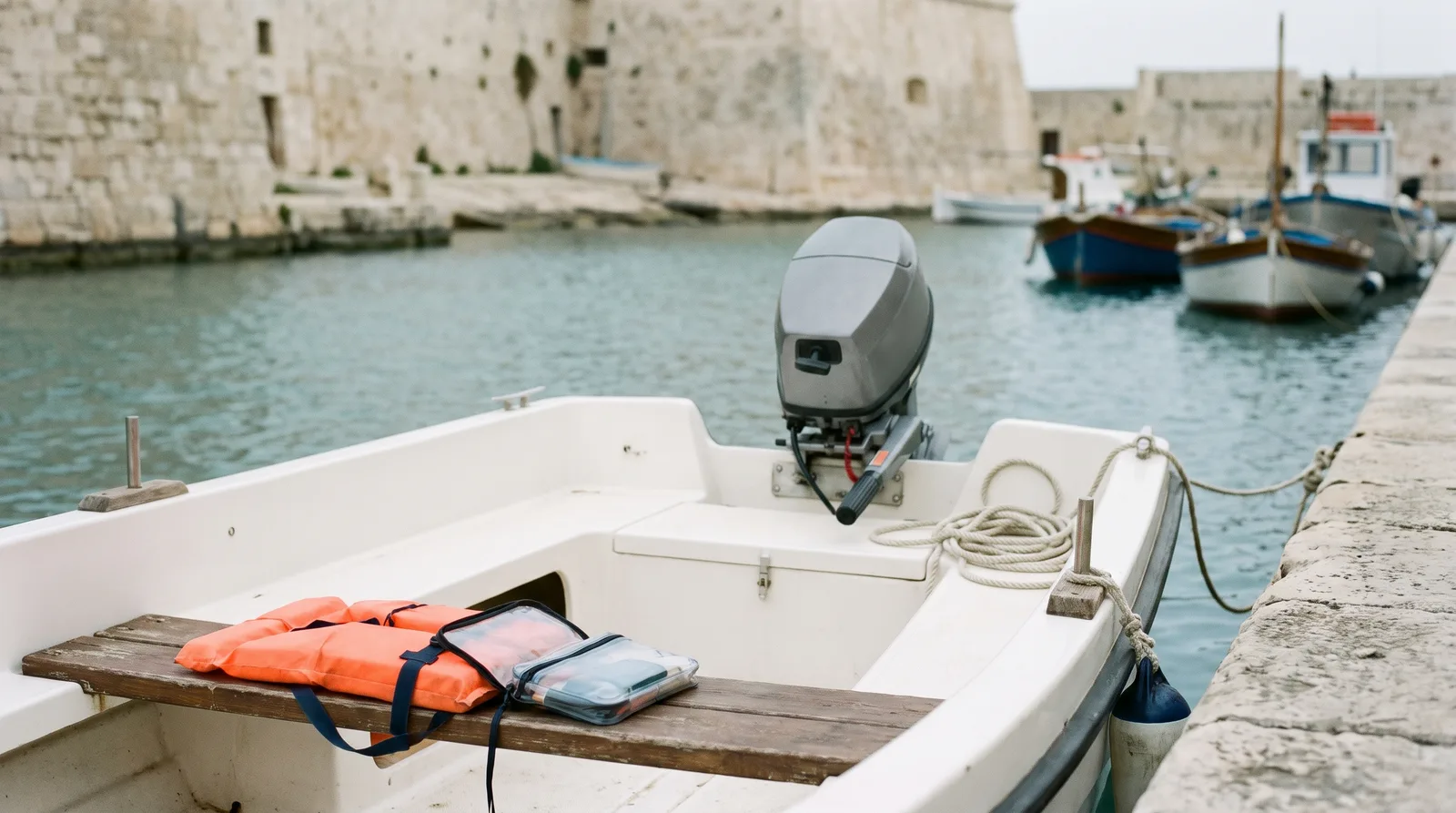 Kleines weißes offenes Motorboot mit grauem Außenborder an einer Steinkaje in einem Mittelmeerhafen, auf der Holzbank eine orange Rettungsweste und eine durchsichtige wasserdichte Dokumententasche, dahinter Festungsmauern und Fischerboote