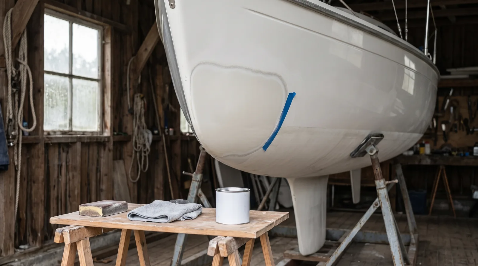 Weiße Segelyacht auf Stahlböcken in einer Holzhalle: am Rumpf eine frisch ausgebesserte Gelcoatstelle, etwas heller als der Rest, mit blauem Klebeband am Rand, davor auf einem Bock Schleifklotz, Tuch und eine Dose Politur