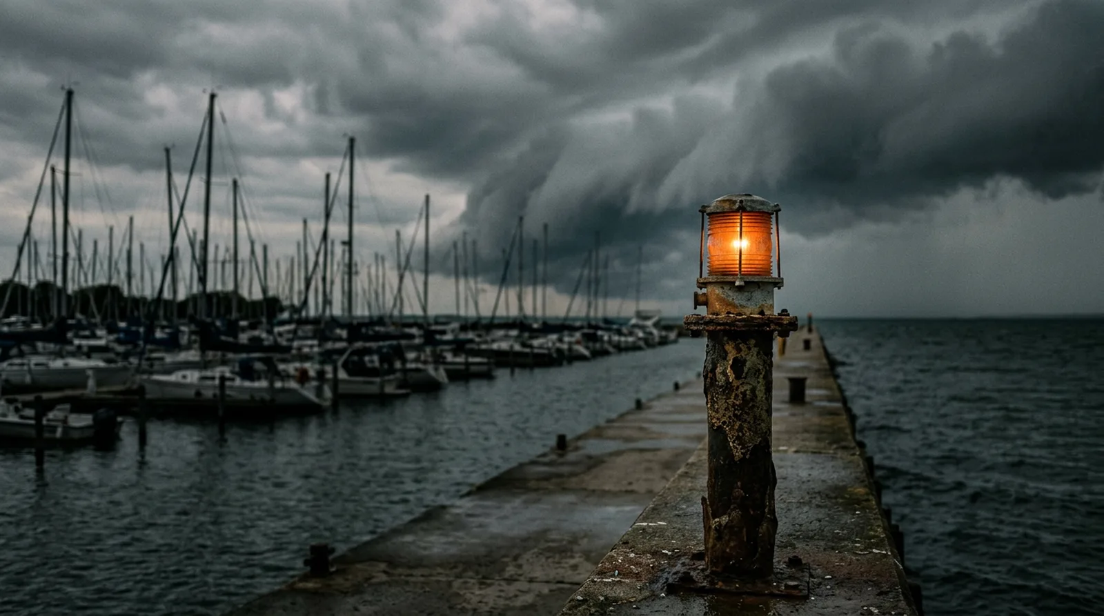 Eine orange leuchtende Sturmwarnlampe am Ende einer Hafenmole, dahinter unscharf Segelboote und aufziehende dunkle Wolken