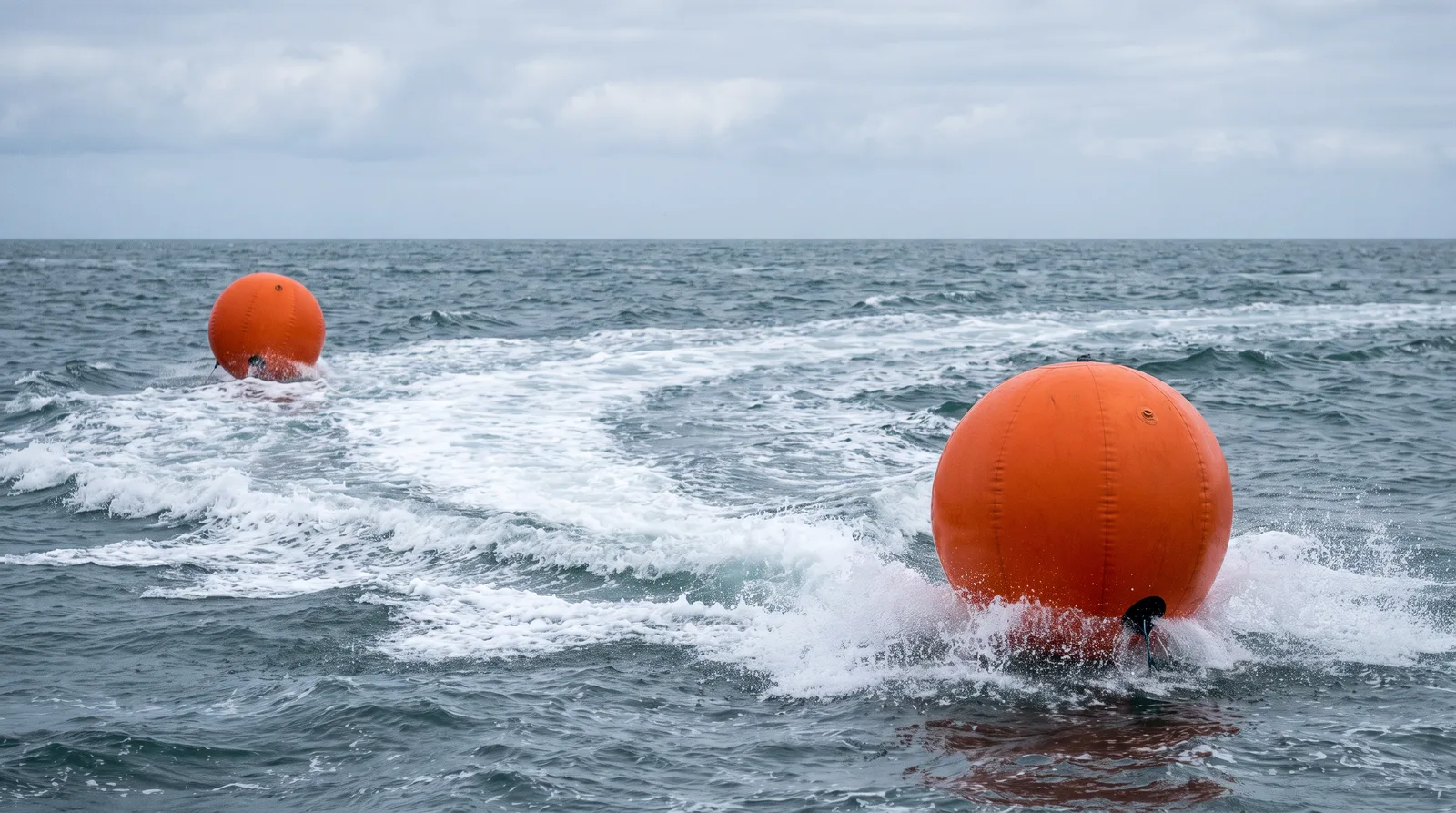 Two orange racing marks in a choppy sea with the white wake of a fast boat running between them