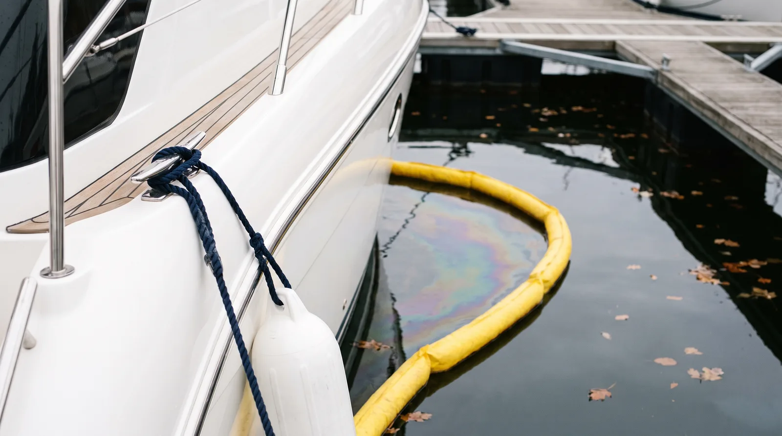 White motor yacht alongside a pontoon, with an iridescent diesel sheen on the dark marina water held in by a yellow floating oil boom