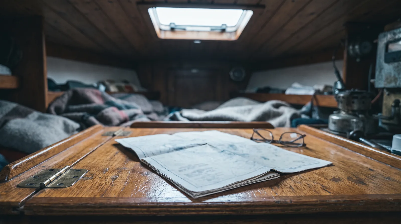 A multi page document lying open on a boat’s chart table beside reading glasses