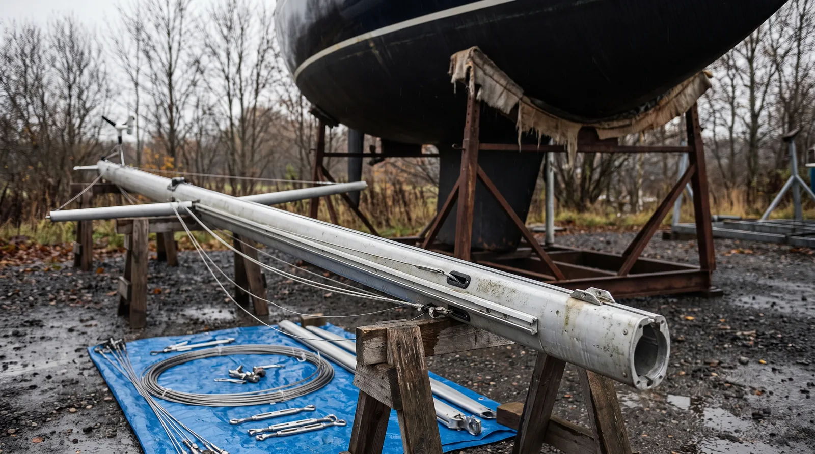 Gelegter Aluminiummast einer Segelyacht auf Holzböcken in einem herbstlichen Winterlager, daneben ein Rumpf im Stahlbock und aufgerollte Wanten mit Spannschrauben auf einer Plane.