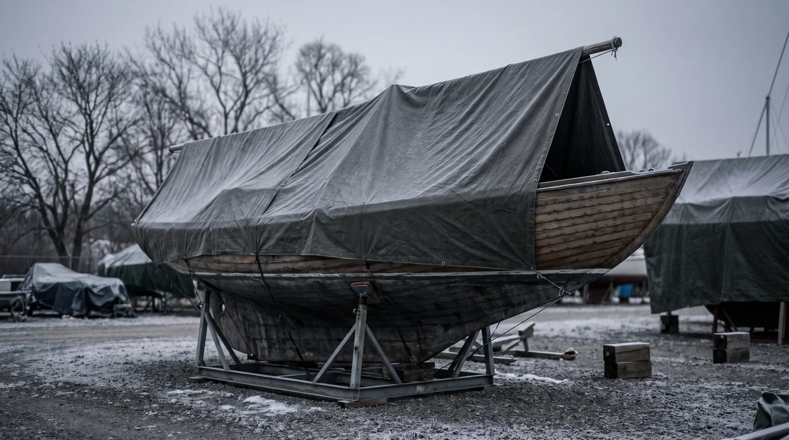 A sailing boat ashore under a fitted cover with a ridge pole, frost on the cradle