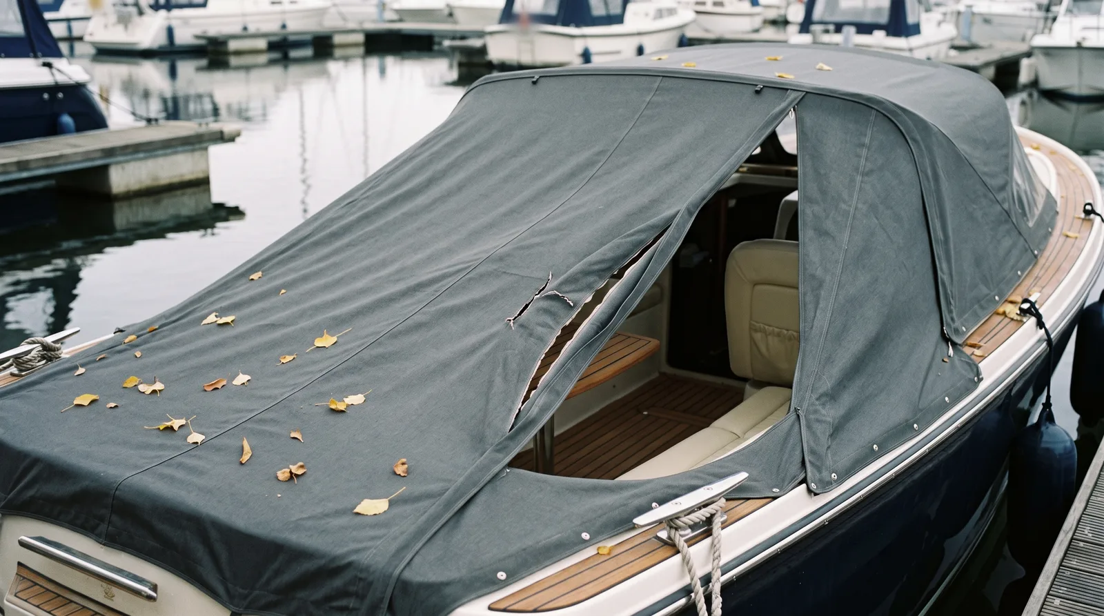 Stern of a well kept motor boat at its berth in autumn: the grey cockpit cover has a long slash, teak sole and cream upholstery show underneath, yellow leaves on the canvas, a cleat with a mooring line in front
