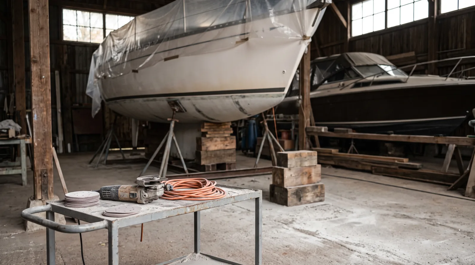 Boatyard shed in autumn: a sailing yacht wrapped in plastic sheeting stands on steel stands and timber blocking, in front a workshop trolley with an angle grinder, a coiled orange extension cable and sanding discs, sanding dust on the concrete floor, a covered motor boat behind
