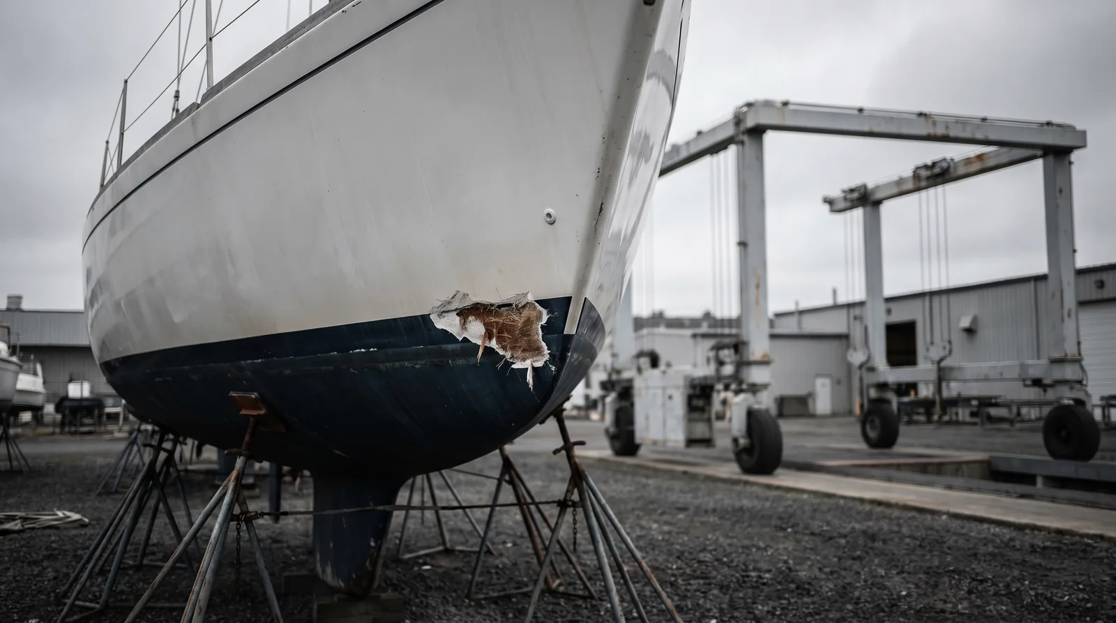 The bow of a white sailing yacht on boat stands in a yard, a fresh hole with exposed glass fibre at the waterline, a travel lift behind
