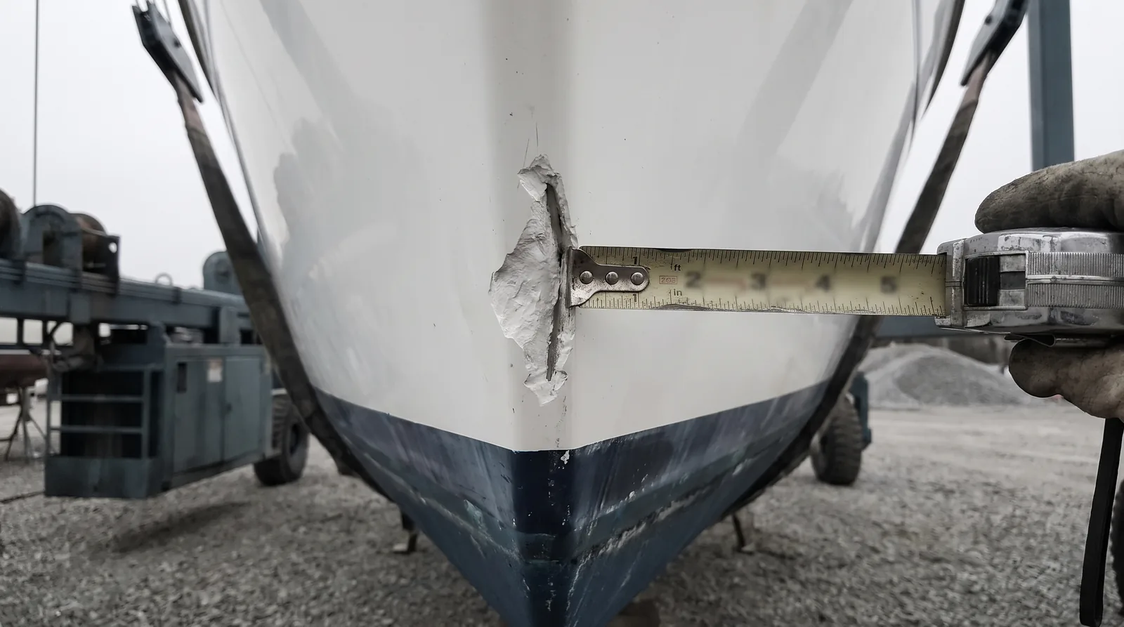A fresh gouge in a white hull above the waterline, the boat hanging in travel lift slings