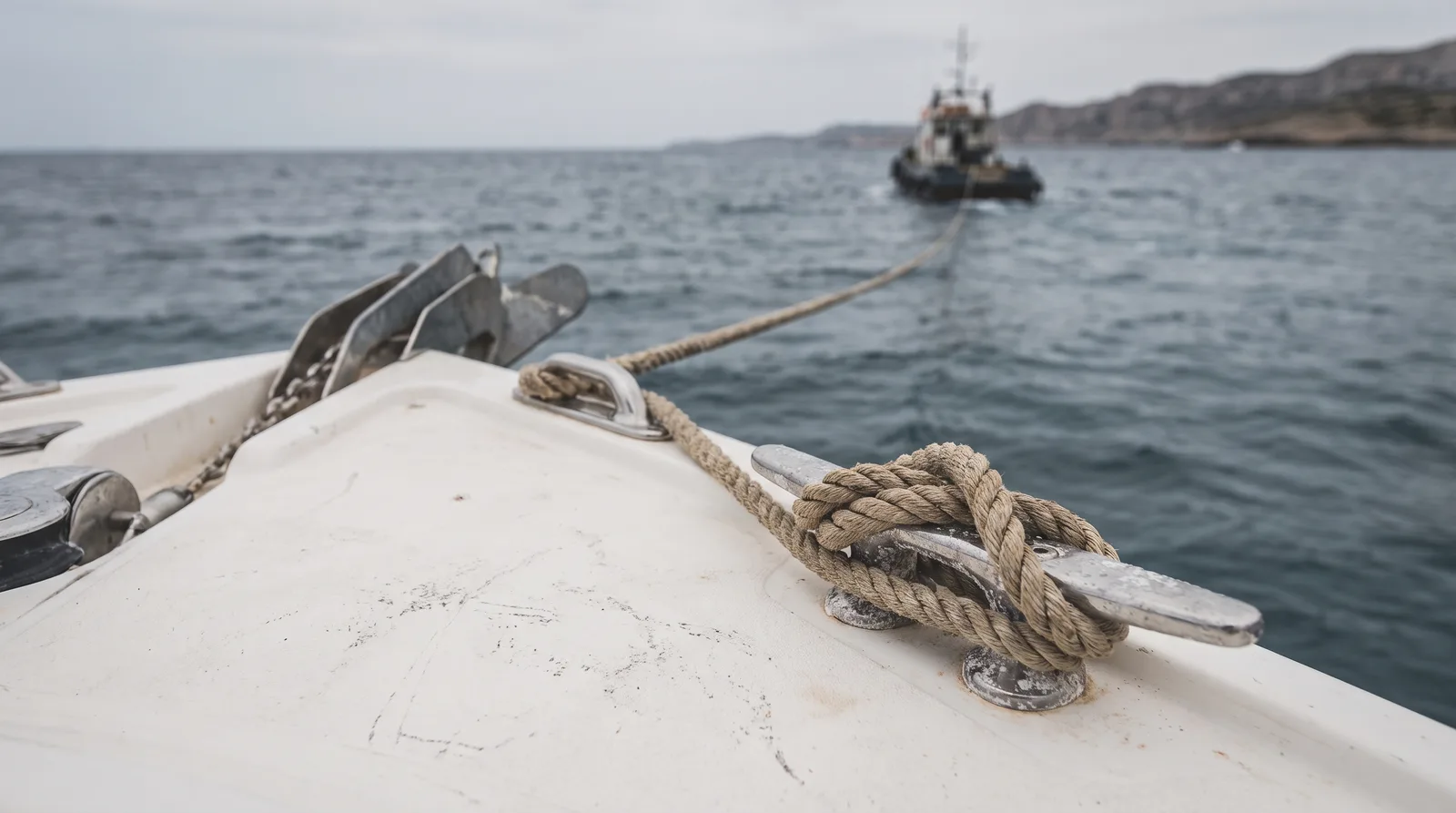 The foredeck of a white motor yacht at sea, a towline made fast on a stainless steel cleat and running taut through the fairlead to a small workboat off a rocky coast under an overcast sky