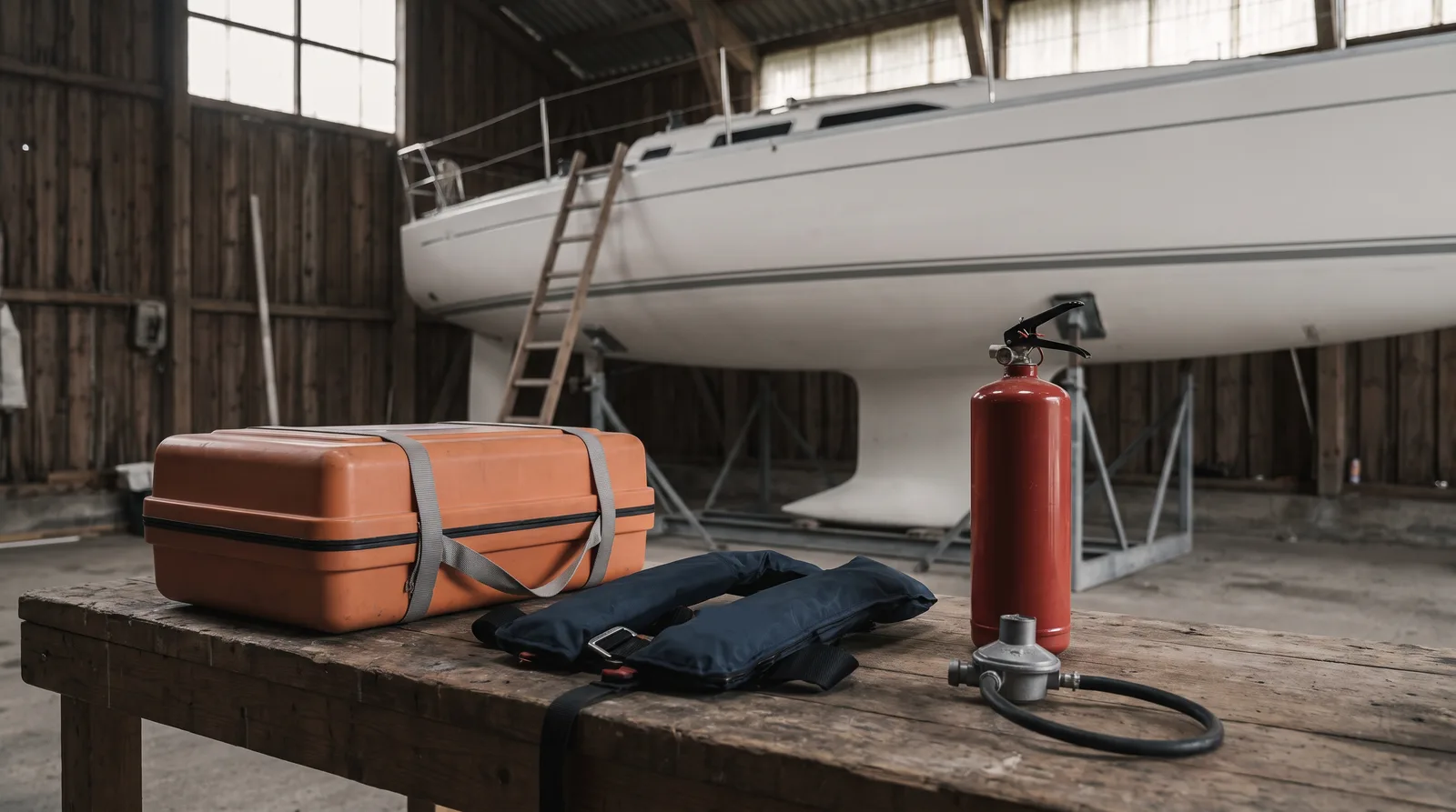 Orange liferaft container with grey straps, two folded dark blue automatic life jackets, a red fire extinguisher and a gas regulator with hose on a wooden workbench, a white sailing yacht on steel cradles in a timber shed behind